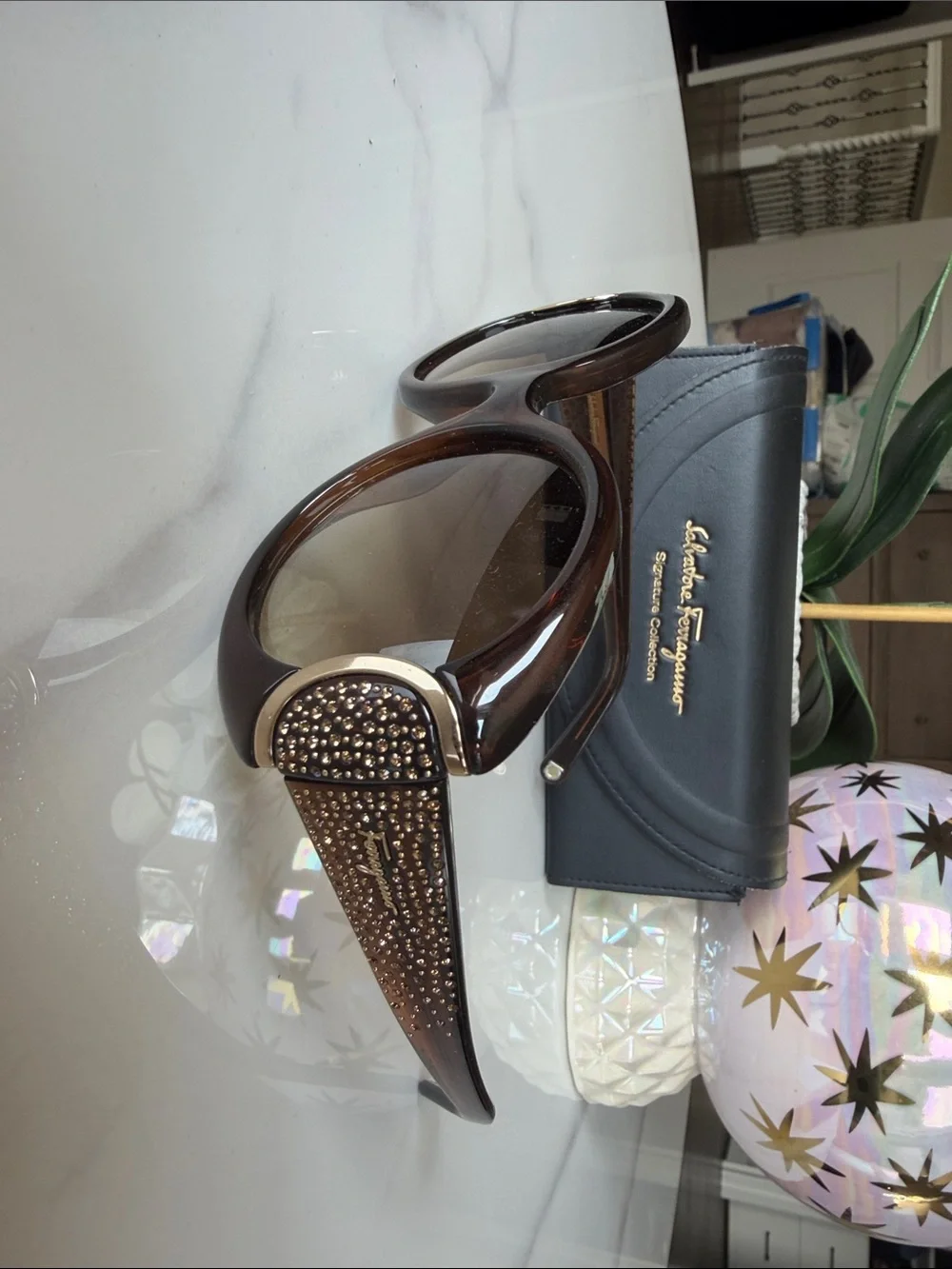 Salvatore Ferragamo Brown Crystal-Embellished Oversized Sunglasses